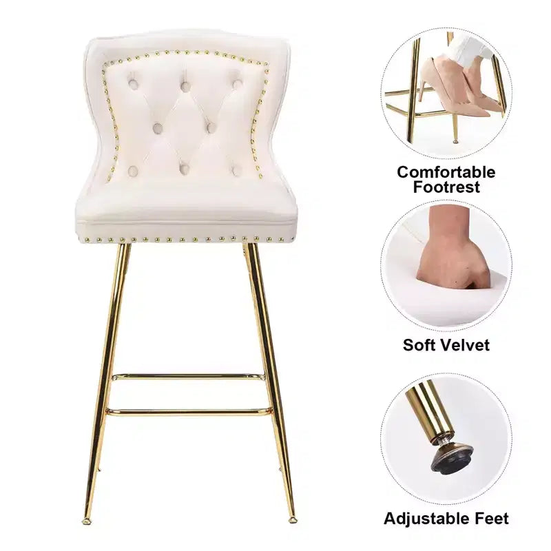 MAYEERTY Tabourets de bar en velours beige, lot de 2, avec dossier capitonné et pieds en métal pour îlot de cuisine et bar