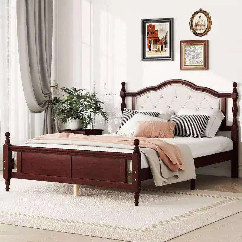 MATEERTY Queen Pine Wooden Bed with Panel Footboard with Two Bed Rail Support Feet and Central Platform Support Feet Brown