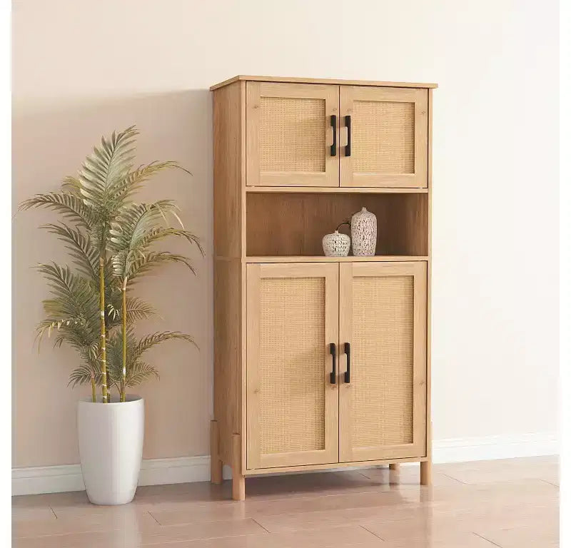 GDFStudio Malphite Meuble de rangement de style Mid-Century Modern 60 cm avec portes en rotin tissé et étagères réglables