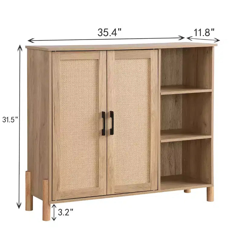 Meuble de rangement GDFStudio Riven Mid-Century Modern de 89,9 cm avec portes en rotin tressé, étagères ouvertes et étagères réglables