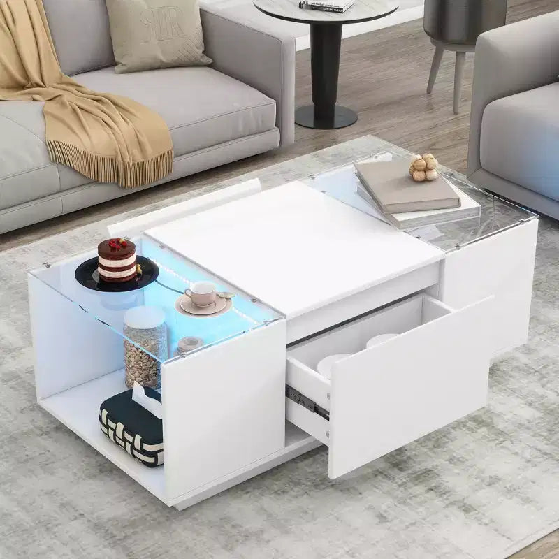 Table basse LED moderne CLIHOME avec plateau en verre, table basse avec compartiment de rangement ouvert et 2 tiroirs cachés