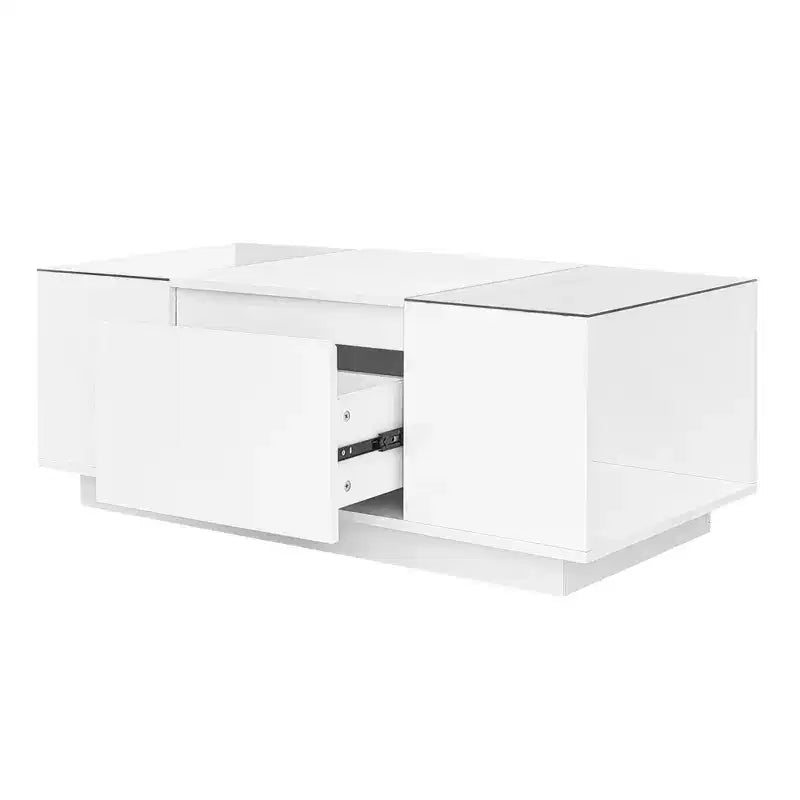 Table basse LED moderne CLIHOME avec plateau en verre, table basse avec compartiment de rangement ouvert et 2 tiroirs cachés