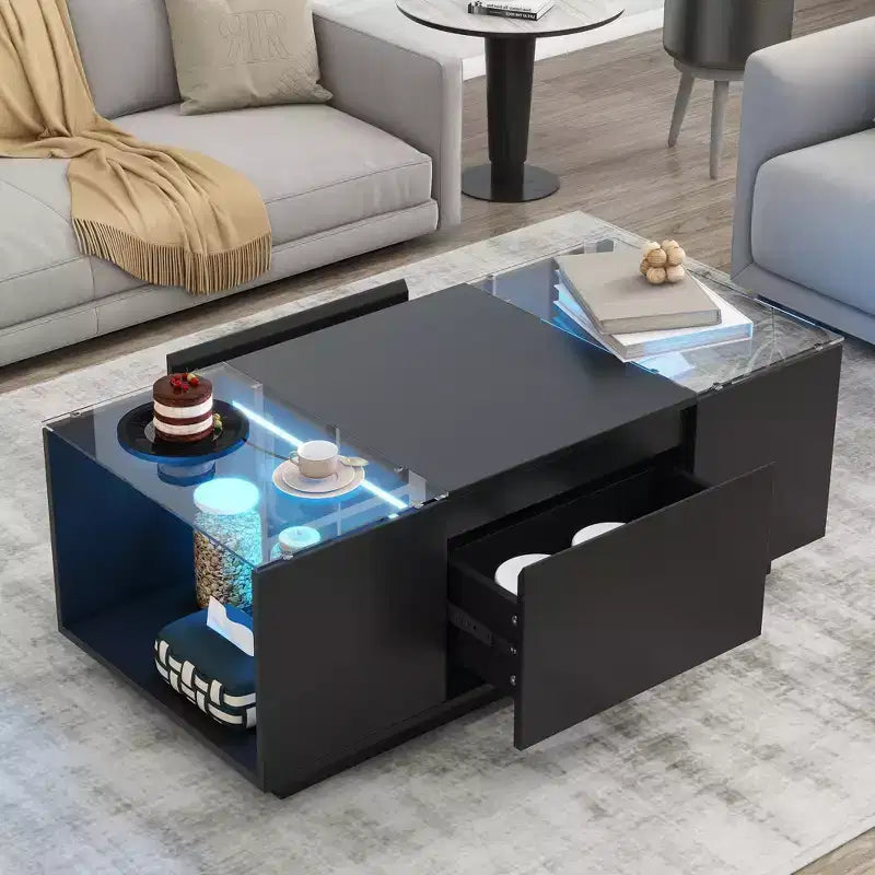 Table basse LED moderne CLIHOME avec plateau en verre, table basse avec compartiment de rangement ouvert et 2 tiroirs cachés