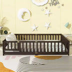 MAYEERTY Queen Floor Bed with Fence,Door, Rubber Wood Floor Bed Guardrails Brown