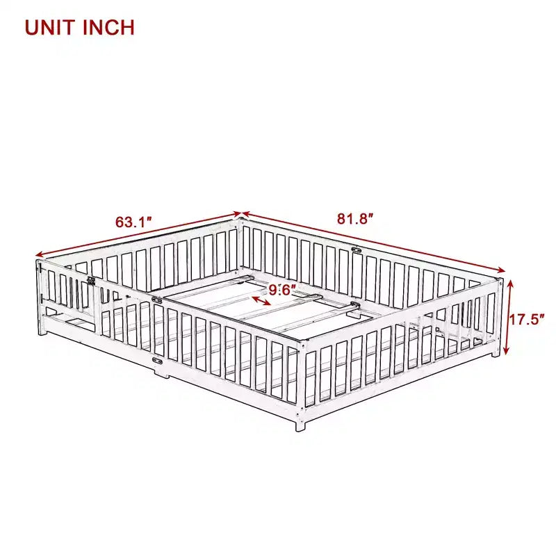 Lit de sol MAYEERTY Queen avec clôture, porte, barrières de lit en bois d'hévéa marron