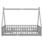 Lit de plancher MAYEERTY en forme de tente jumelle avec garde-corps de sécurité gris