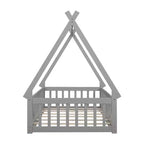 Lit de plancher MAYEERTY en forme de tente jumelle avec garde-corps de sécurité gris
