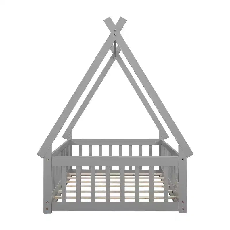 Lit de plancher MAYEERTY en forme de tente jumelle avec garde-corps de sécurité gris