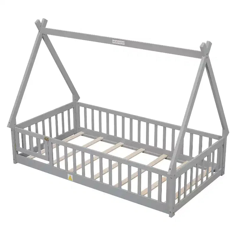 Lit de plancher MAYEERTY en forme de tente jumelle avec garde-corps de sécurité gris