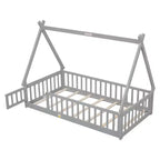 Lit de plancher MAYEERTY en forme de tente jumelle avec garde-corps de sécurité gris