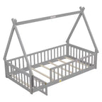 Lit de plancher MAYEERTY en forme de tente jumelle avec garde-corps de sécurité gris