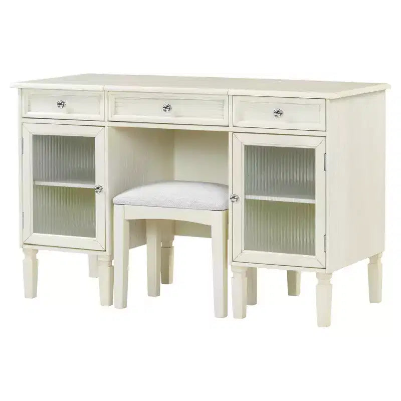 Table de maquillage ModernLuxe avec miroir rabattable, tabouret, tiroir et meuble de rangement, Coiffeuse blanche, Bureau d'ordinateur multifonctionnel