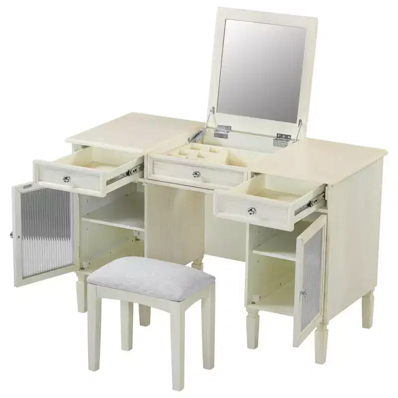 Table de maquillage ModernLuxe avec miroir rabattable, tabouret, tiroir et meuble de rangement, Coiffeuse blanche, Bureau d'ordinateur multifonctionnel