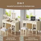 Table de maquillage ModernLuxe avec miroir rabattable, tabouret, tiroir et meuble de rangement, Coiffeuse blanche, Bureau d'ordinateur multifonctionnel