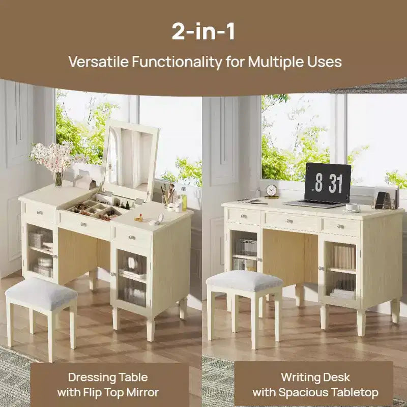 Table de maquillage ModernLuxe avec miroir rabattable, tabouret, tiroir et meuble de rangement, Coiffeuse blanche, Bureau d'ordinateur multifonctionnel