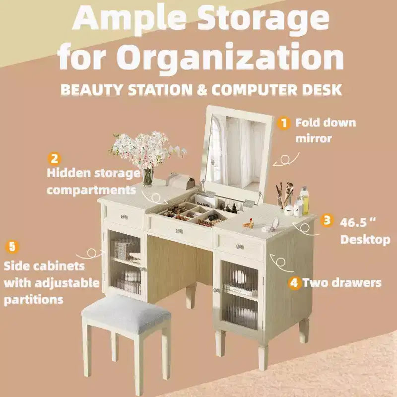 Table de maquillage ModernLuxe avec miroir rabattable, tabouret, tiroir et meuble de rangement, Coiffeuse blanche, Bureau d'ordinateur multifonctionnel