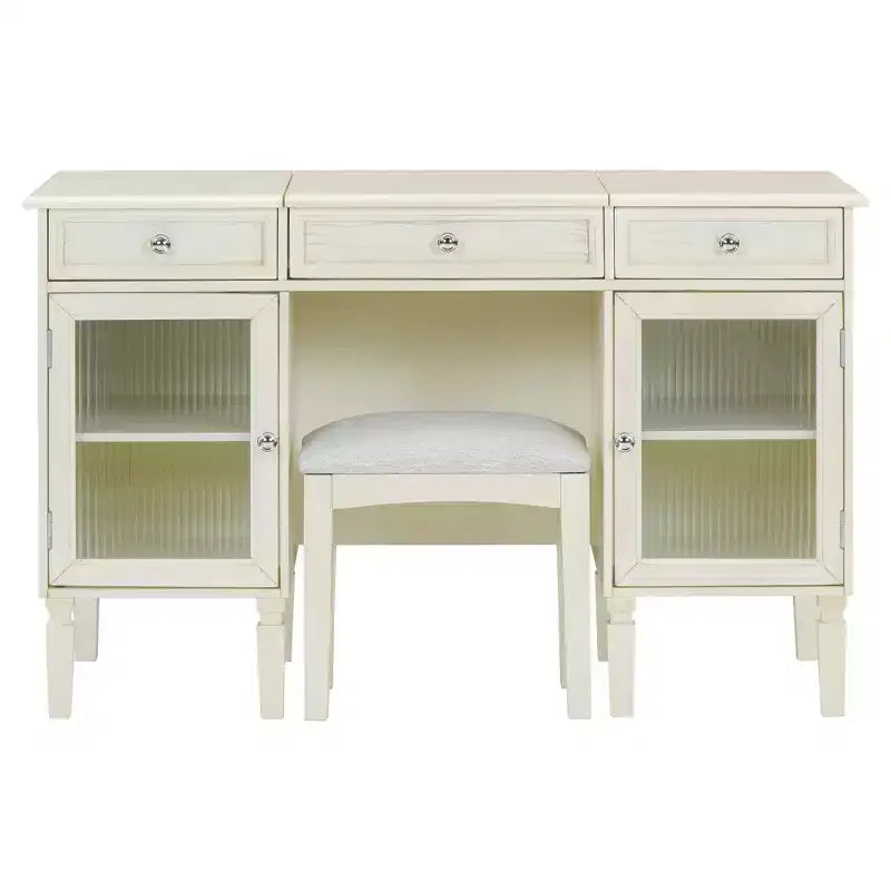 Table de maquillage ModernLuxe avec miroir rabattable, tabouret, tiroir et meuble de rangement, Coiffeuse blanche, Bureau d'ordinateur multifonctionnel