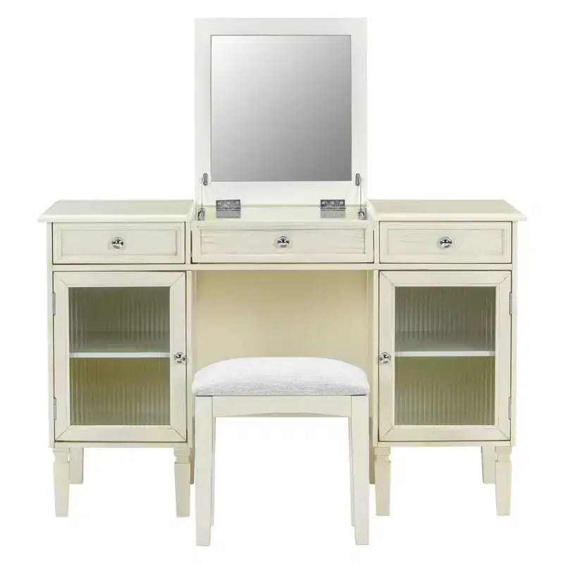 Table de maquillage ModernLuxe avec miroir rabattable, tabouret, tiroir et meuble de rangement, Coiffeuse blanche, Bureau d'ordinateur multifonctionnel