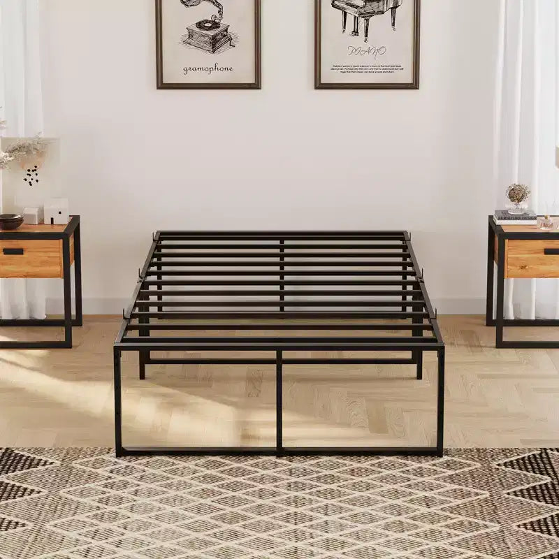 Cadre de lit plateforme en métal, lit double robuste avec lattes de support solides, sommier tapissier non requis, rangement sous le lit