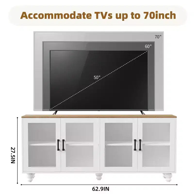 MAYEERTY Meuble TV moderne pour téléviseurs de 100 pouces - Porte en verre cannelé, lumières LED, porte coulissante, 2 tiroirs, blanc