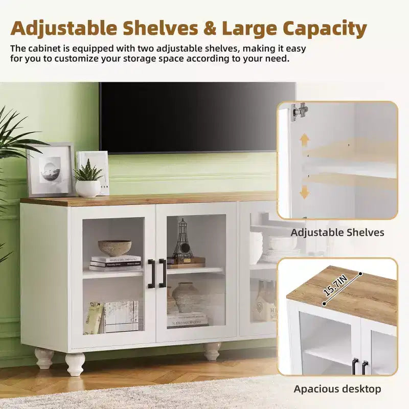 MAYEERTY Meuble TV moderne pour téléviseurs de 100 pouces - Porte en verre cannelé, lumières LED, porte coulissante, 2 tiroirs, blanc