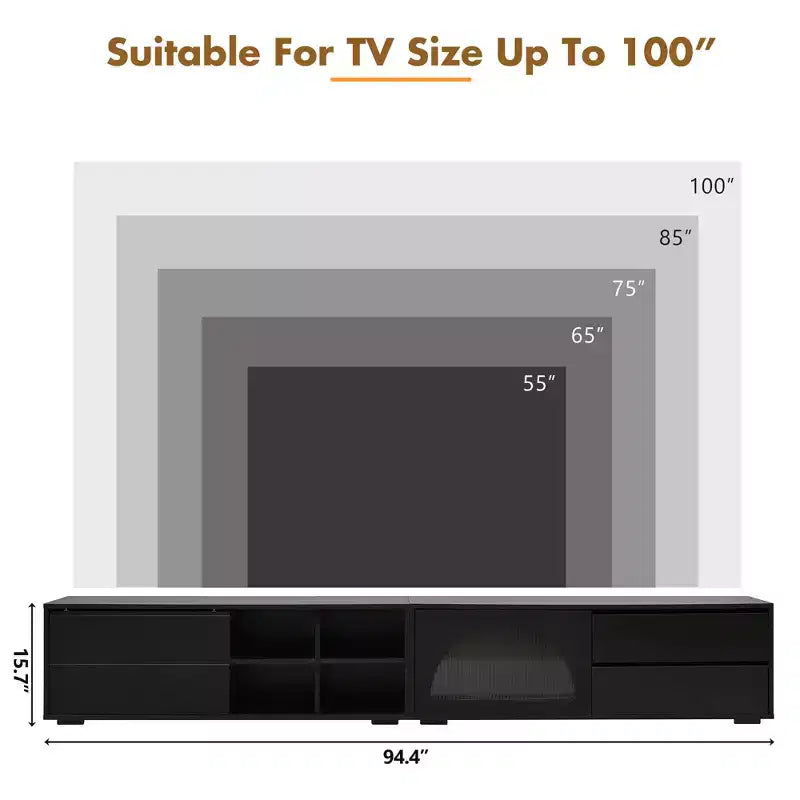 MAYEERTY Meuble TV moderne pour téléviseurs de 100 pouces - Porte en verre cannelé, lumières LED, porte coulissante, 2 tiroirs, blanc