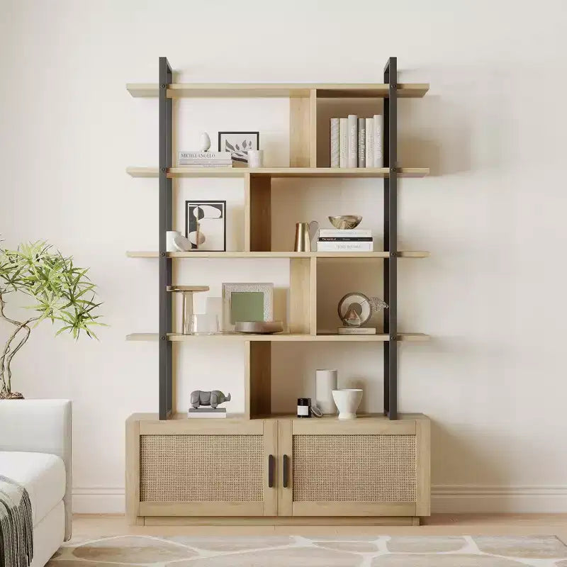 Bibliothèque en rotin GustoWave, étagère industrielle de 180,6 cm de haut avec porte de rangement, étagère à 5 niveaux avec cadre métallique pour salon