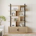 Bibliothèque en rotin GustoWave, étagère industrielle de 180,6 cm de haut avec porte de rangement, étagère à 5 niveaux avec cadre métallique pour salon
