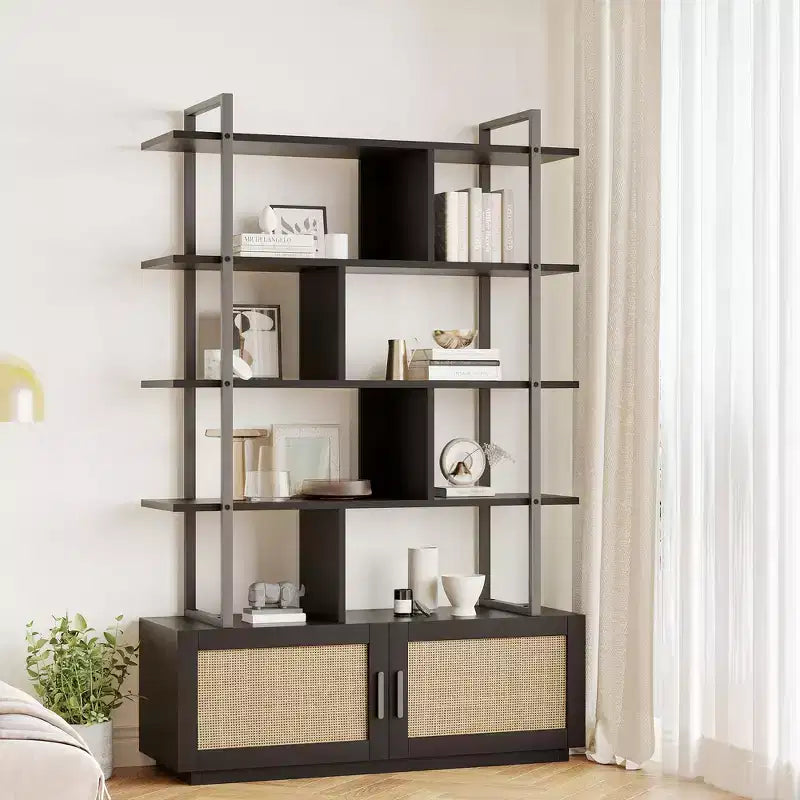 Bibliothèque en rotin GustoWave, étagère industrielle de 180,6 cm de haut avec porte de rangement, étagère à 5 niveaux avec cadre métallique pour salon