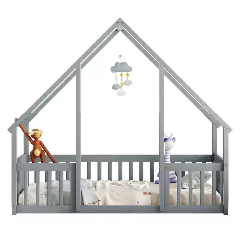 Lit de sol MAYEERTY en bois jumeau en forme de maison avec clôture et barrières de protection Gris