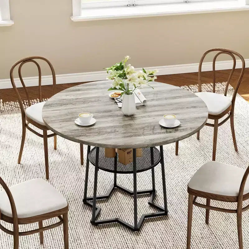 Table à manger ronde, table de cuisine circulaire de 38,2 po avec rangement, étagère de rangement ronde en maille de 17,7 po de largeur, base métallique hexagonale robuste (4 pièces de plateau)