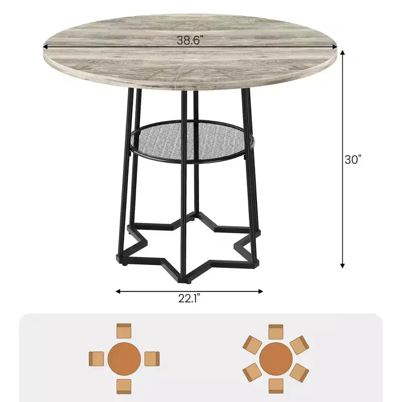 Table à manger ronde, table de cuisine circulaire de 38,2 po avec rangement, étagère de rangement ronde en maille de 17,7 po de largeur, base métallique hexagonale robuste (4 pièces de plateau)