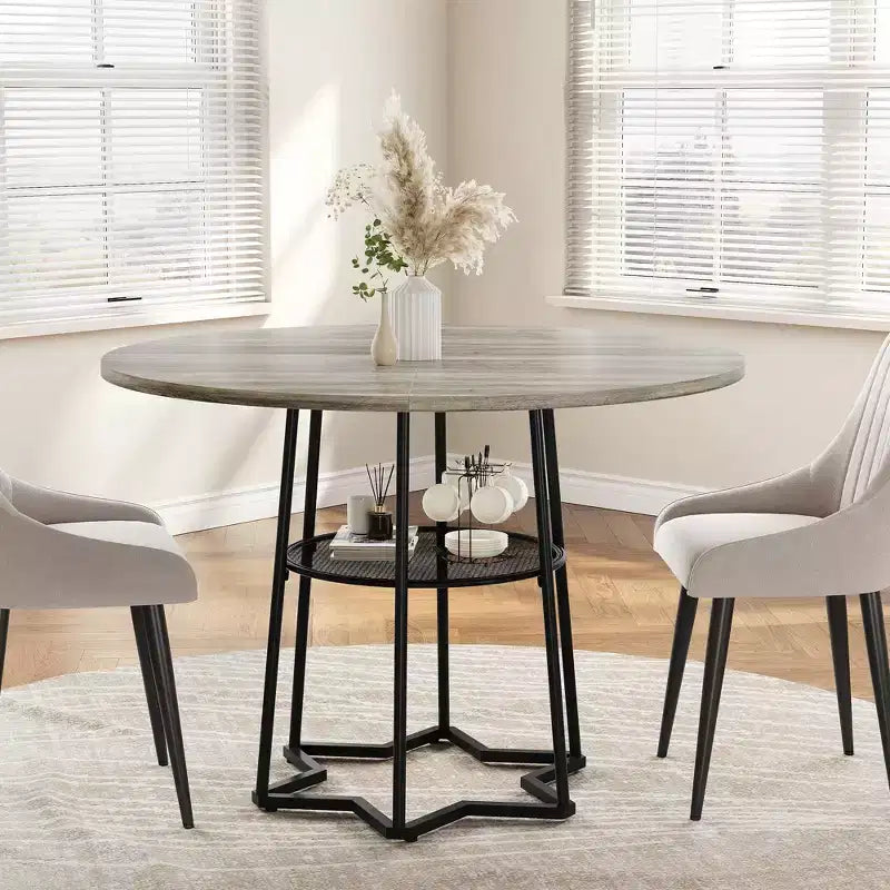 Table à manger ronde, table de cuisine circulaire de 38,2 po avec rangement, étagère de rangement ronde en maille de 17,7 po de largeur, base métallique hexagonale robuste (4 pièces de plateau)