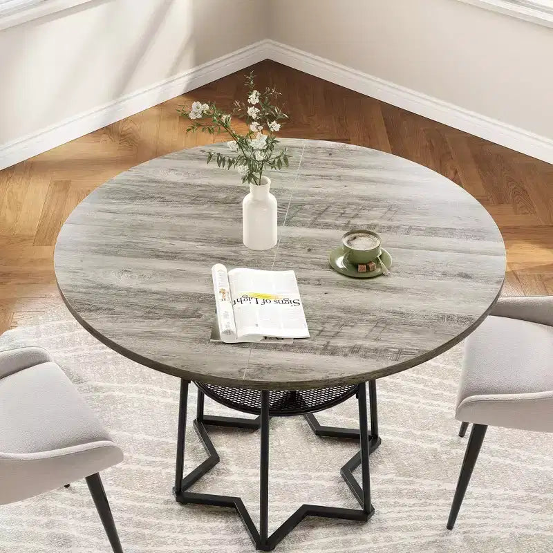 Table à manger ronde, table de cuisine circulaire de 38,2 po avec rangement, étagère de rangement ronde en maille de 17,7 po de largeur, base métallique hexagonale robuste (4 pièces de plateau)