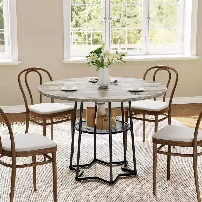 Table à manger ronde, table de cuisine circulaire de 38,2 po avec rangement, étagère de rangement ronde en maille de 17,7 po de largeur, base métallique hexagonale robuste (4 pièces de plateau)