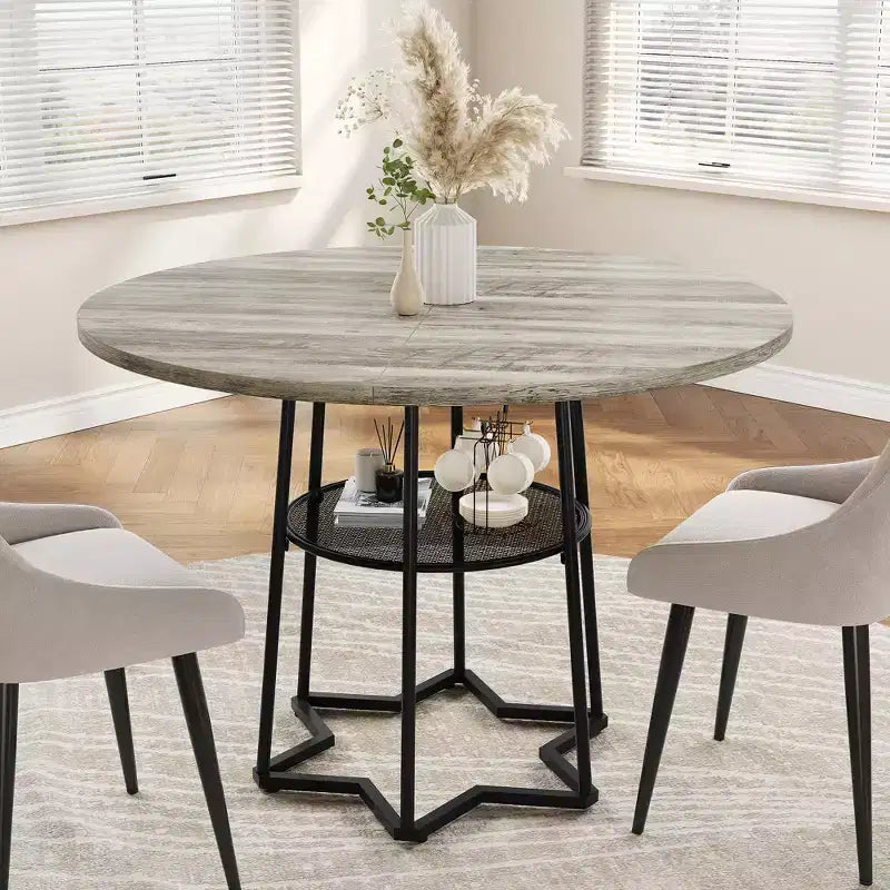 Table à manger ronde, table de cuisine circulaire de 38,2 po avec rangement, étagère de rangement ronde en maille de 17,7 po de largeur, base métallique hexagonale robuste (4 pièces de plateau)