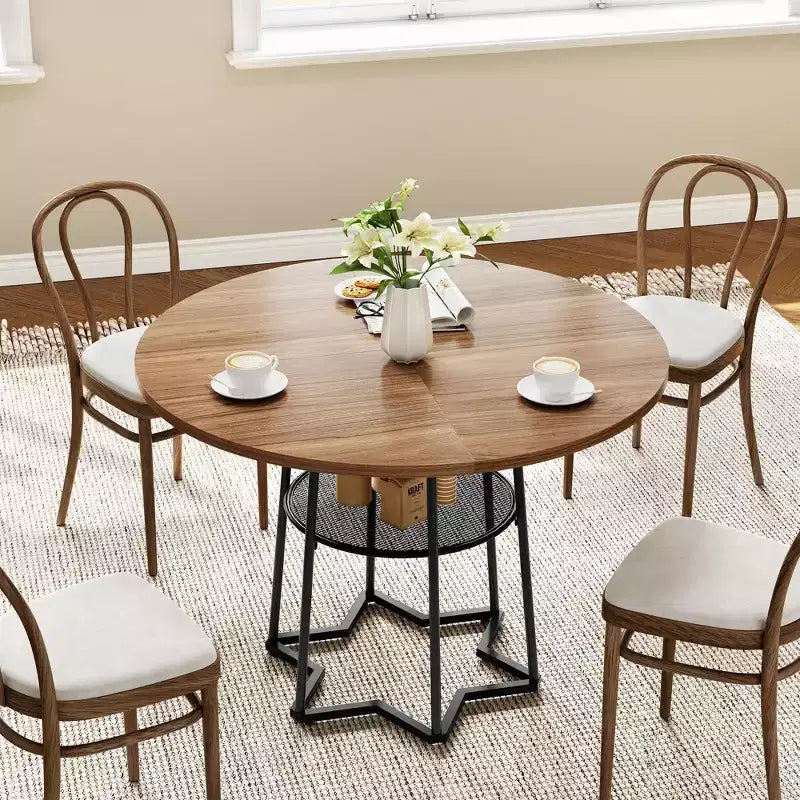 Table à manger ronde, table de cuisine circulaire de 38,2 po avec rangement, étagère de rangement ronde en maille de 17,7 po de largeur, base métallique hexagonale robuste (4 pièces de plateau)
