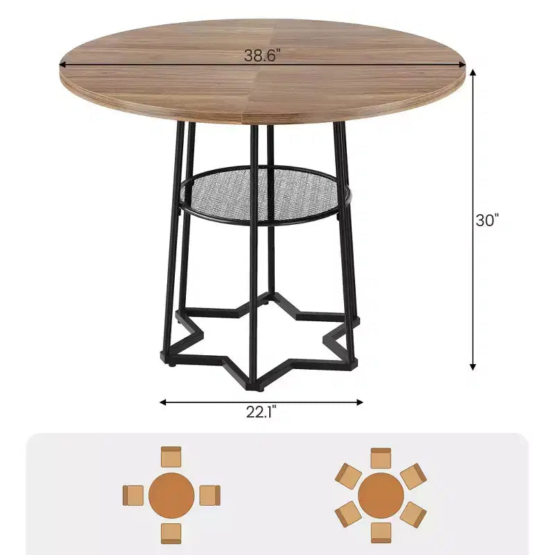 Table à manger ronde, table de cuisine circulaire de 38,2 po avec rangement, étagère de rangement ronde en maille de 17,7 po de largeur, base métallique hexagonale robuste (4 pièces de plateau)