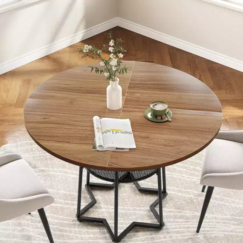 Table à manger ronde, table de cuisine circulaire de 38,2 po avec rangement, étagère de rangement ronde en maille de 17,7 po de largeur, base métallique hexagonale robuste (4 pièces de plateau)