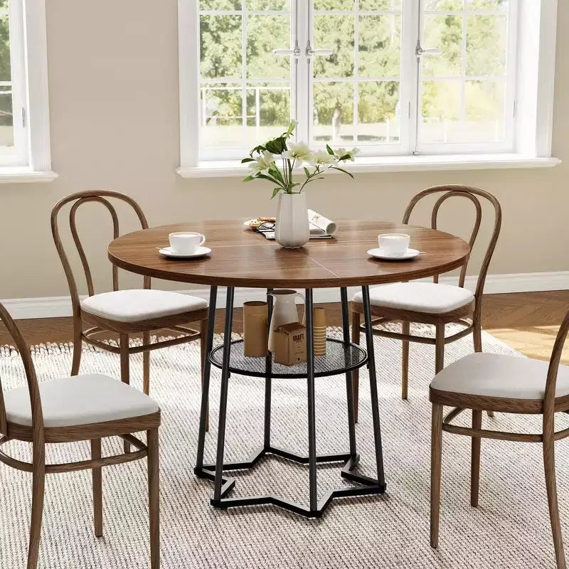 Table à manger ronde, table de cuisine circulaire de 38,2 po avec rangement, étagère de rangement ronde en maille de 17,7 po de largeur, base métallique hexagonale robuste (4 pièces de plateau)