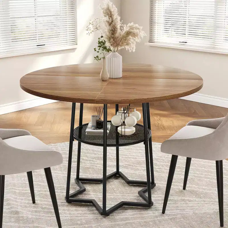 Table à manger ronde, table de cuisine circulaire de 38,2 po avec rangement, étagère de rangement ronde en maille de 17,7 po de largeur, base métallique hexagonale robuste (4 pièces de plateau)