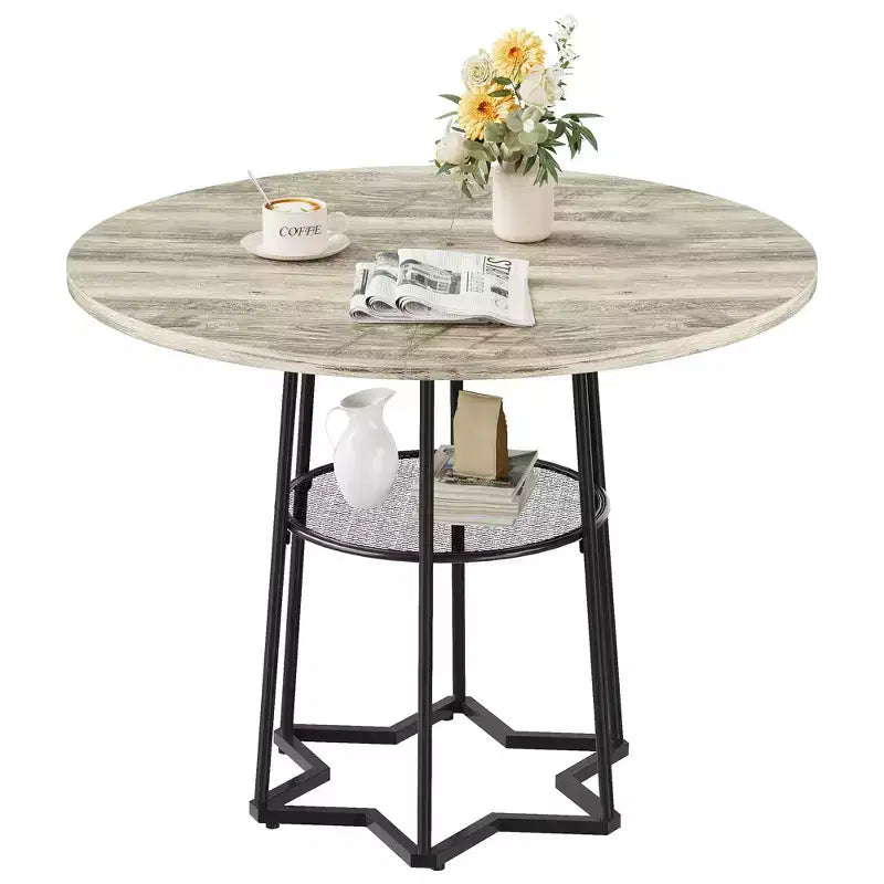 Table à manger ronde, table de cuisine circulaire de 38,2 po avec rangement, étagère de rangement ronde en maille de 17,7 po de largeur, base métallique hexagonale robuste (4 pièces de plateau)