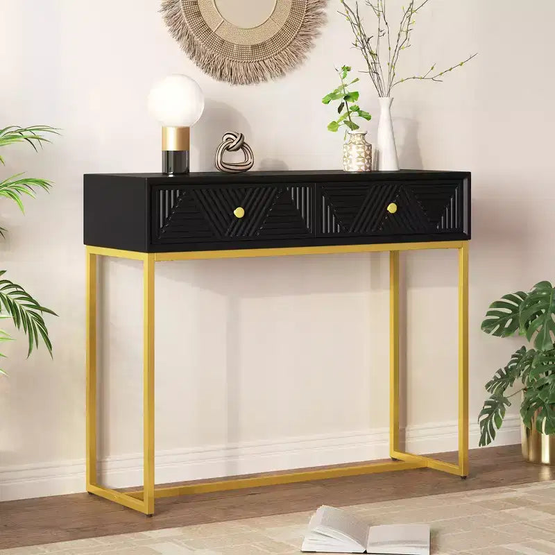 MAYEERTY Table console étroite moderne avec rangement 2 tiroirs motif rayures pour salon couloir Noir