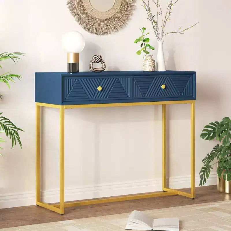 MAYEERTY Console étroite moderne avec rangement 2 tiroirs motif rayé pour salon couloir, bleu marine