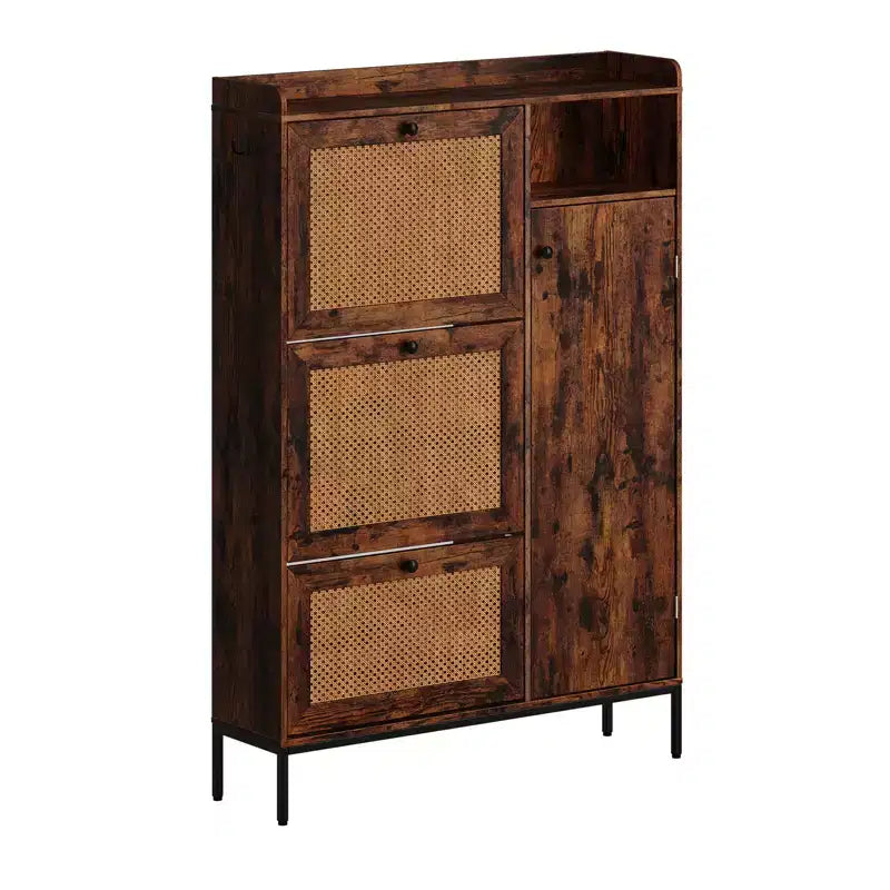 CuisinSmart Meuble à chaussures 3 niveaux sur pied avec rotin naturel, organisateur de chaussures avec étagères réglables, étagère à chaussures étroite pour entrée, rétro