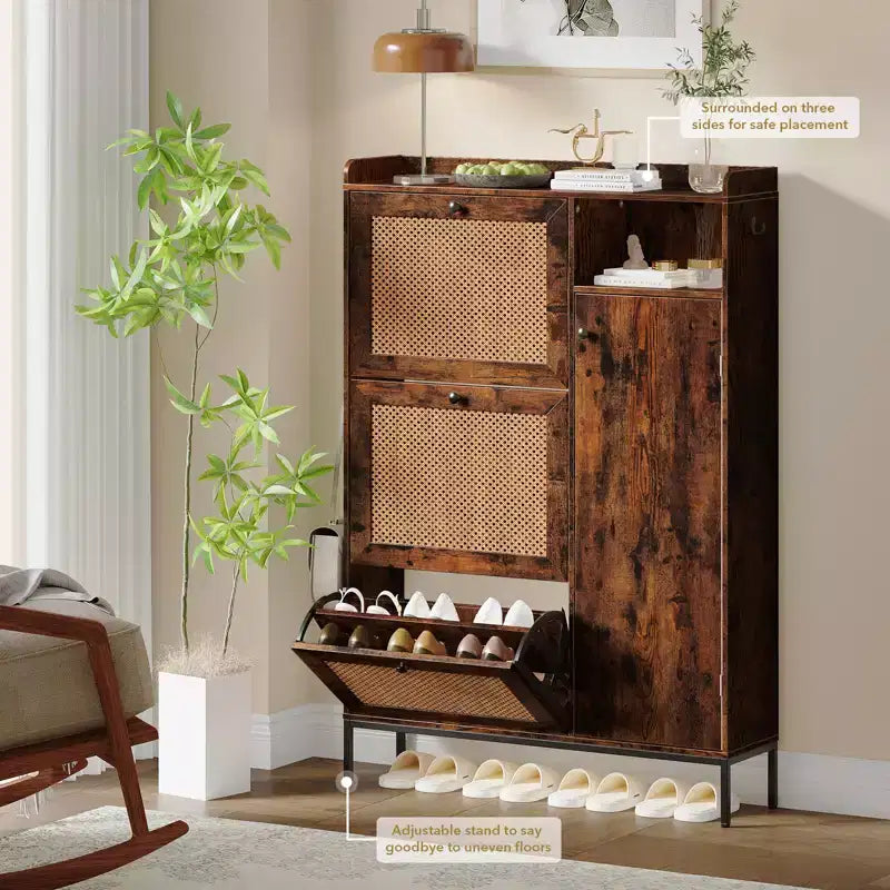 CuisinSmart Meuble à chaussures 3 niveaux sur pied avec rotin naturel, organisateur de chaussures avec étagères réglables, étagère à chaussures étroite pour entrée, rétro