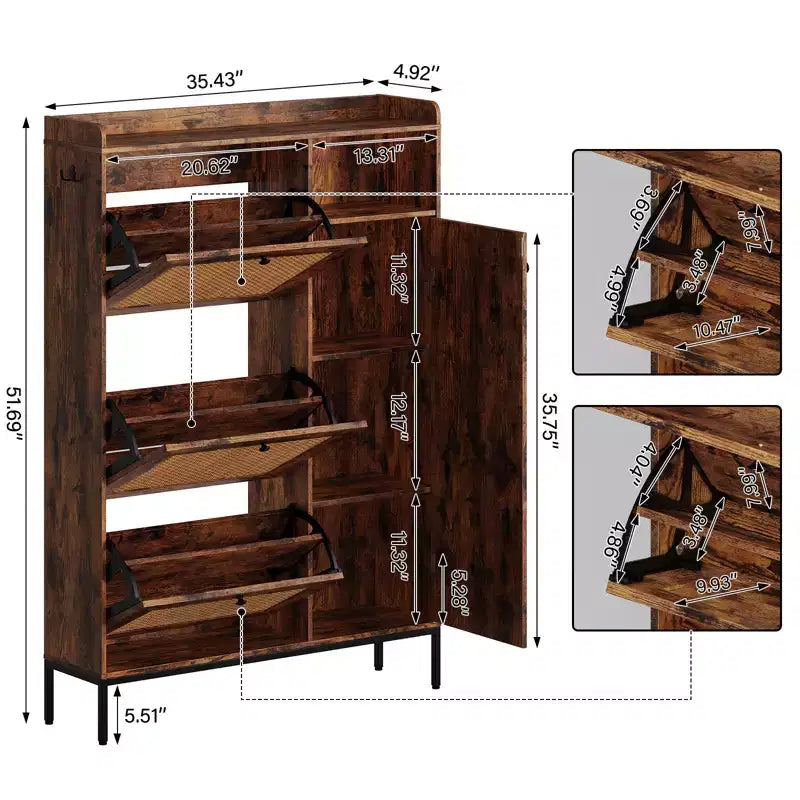 CuisinSmart Meuble à chaussures 3 niveaux sur pied avec rotin naturel, organisateur de chaussures avec étagères réglables, étagère à chaussures étroite pour entrée, rétro