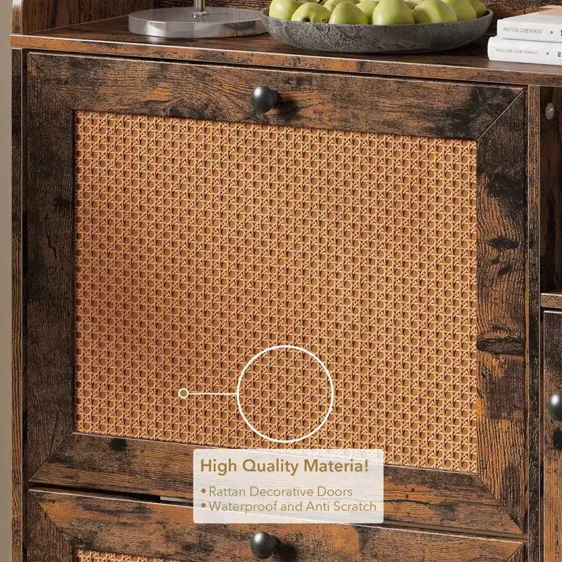 CuisinSmart Meuble à chaussures 3 niveaux sur pied avec rotin naturel, organisateur de chaussures avec étagères réglables, étagère à chaussures étroite pour entrée, rétro