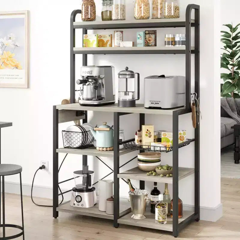 COZONY 5-Tier Bakers Rack w/ Wire Basket, Microwave Stand w/ Power Outlets & Open Kitchen Shelving