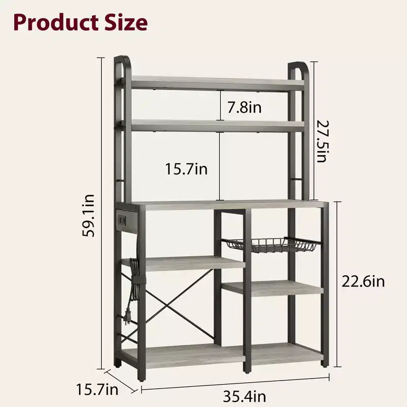 Étagère de Boulanger 5 Niveaux COZONY avec Panier en Fil, Support Micro-ondes avec Prises de Courant et Étagères de Cuisine Ouvertes